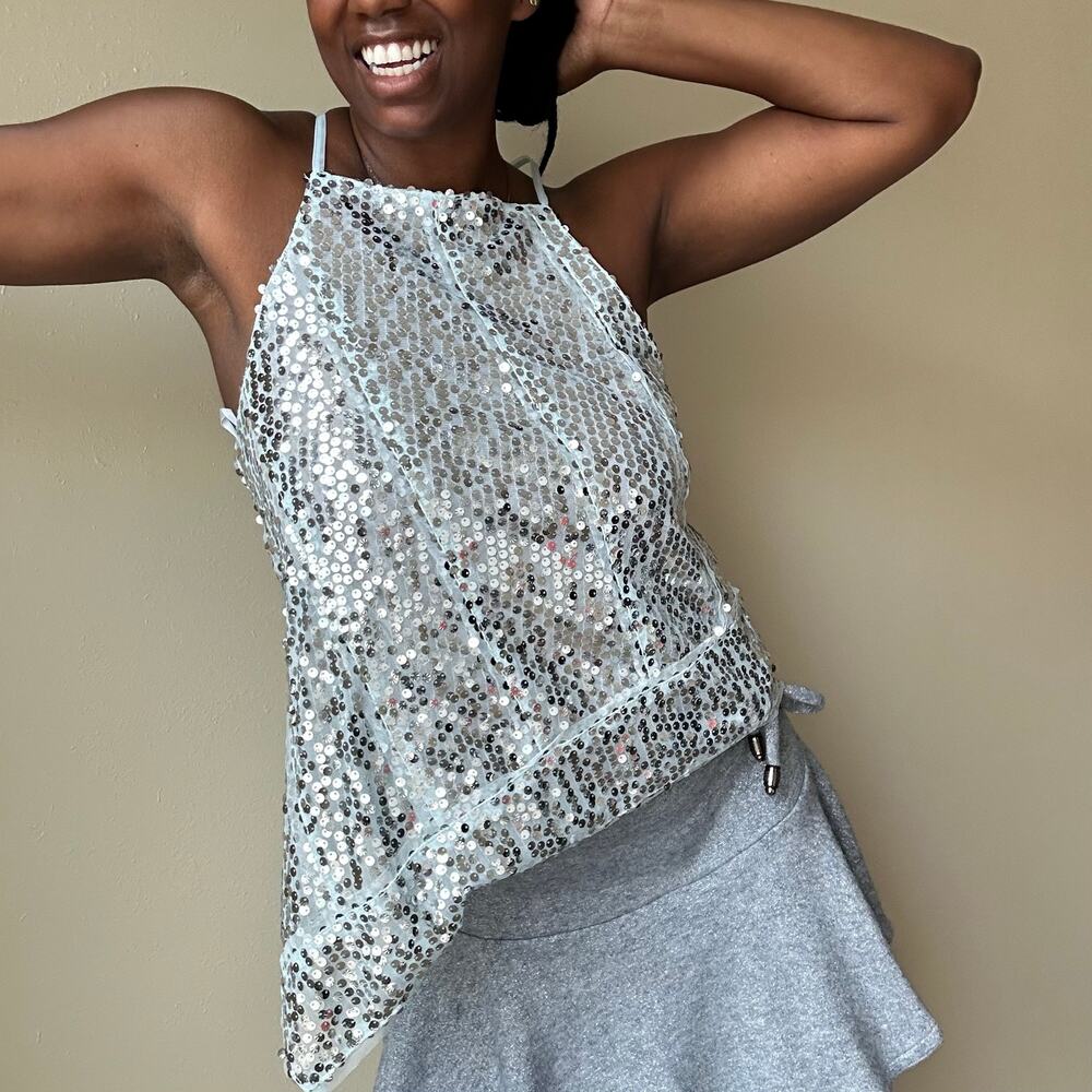 Anthropologie Blue Grey Silver Sequin Asymmetrical Mesh Tank Top Size Small